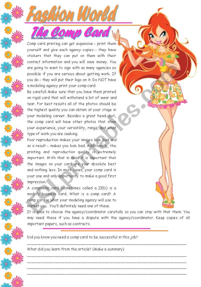 Fashion World  The Comp Card  reading comprehension + grammar (causative  make) [3 tasks] KEYS INCLUDED ((3 pages)) ***editable